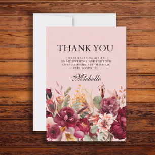 Burgundy Pink Floral Birthday Thank You Card