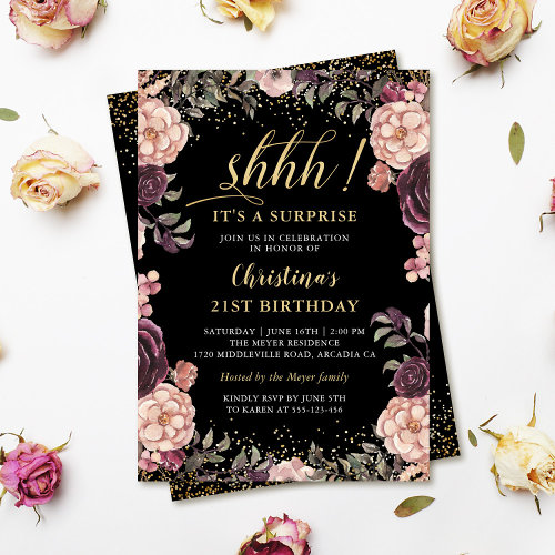 Burgundy Pink Floral Black Surprise Birthday Party