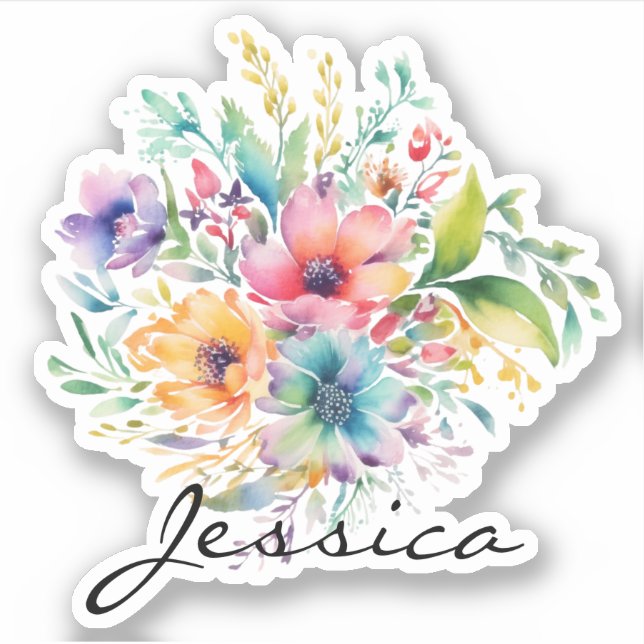 Burgundy Pink Floral Bouquet Personalise Name Sticker (Front)