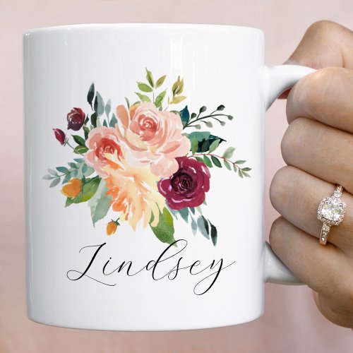 Burgundy Pink Floral Bouquet Script Name Coffee Mug