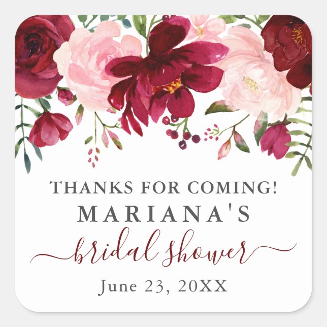 Burgundy Pink Floral Bridal Shower Favors Square Sticker (Front)