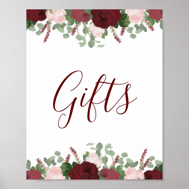 Burgundy Pink Floral Bridal Shower Gifts Sign (Front)