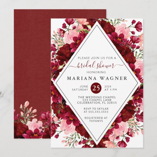 Burgundy Pink Floral Bridal Shower  Invitation (Front/Back)