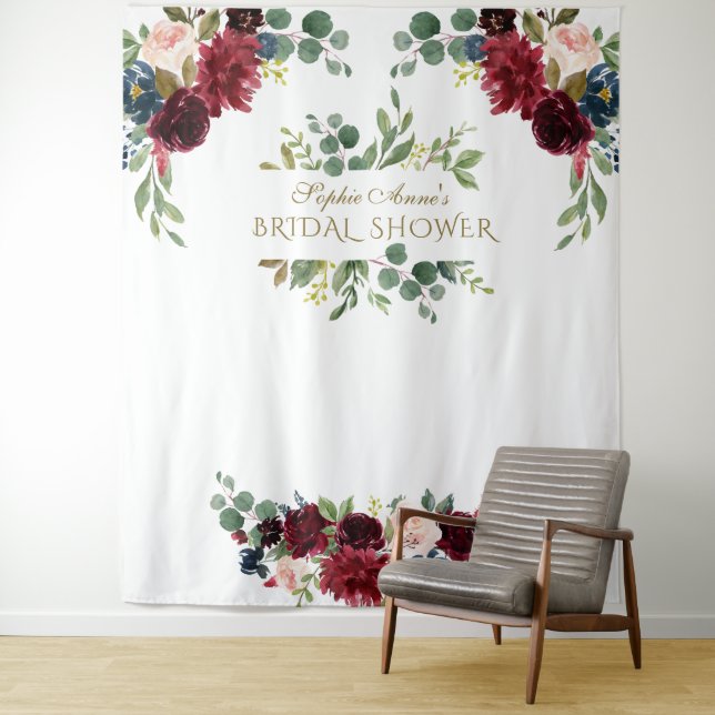 Burgundy Pink Floral Bridal Shower Prop Tapestry (In Situ)