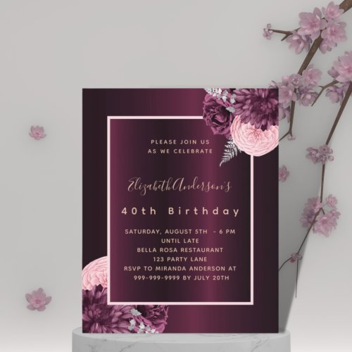 Burgundy pink floral budget birthday invitation flyer