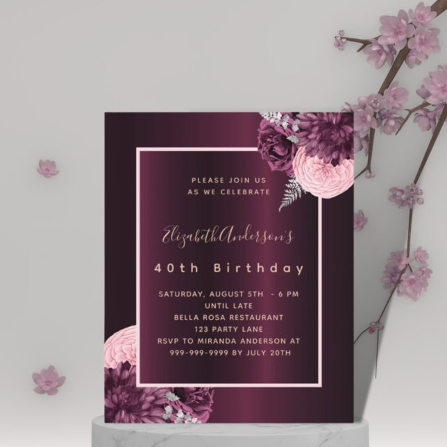 Burgundy pink floral budget birthday invitation flyer (Creator Uploaded)