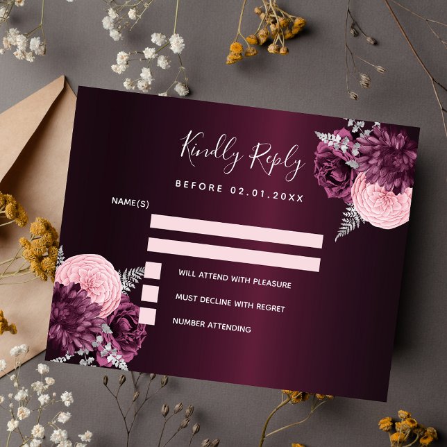 Burgundy pink floral budget wedding RSVP card (Creator Uploaded)