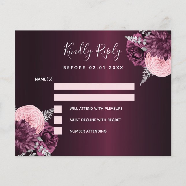 Burgundy pink floral budget wedding RSVP card Flyer (Front)