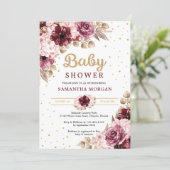 Burgundy pink floral corners gold girl baby shower invitation (Standing Front)