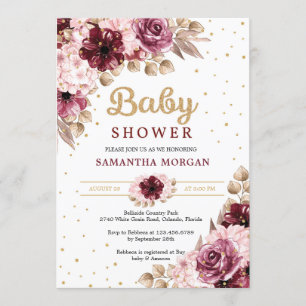 Burgundy pink floral corners gold girl baby shower invitation