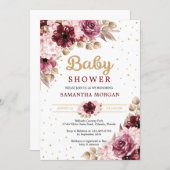 Burgundy pink floral corners gold girl baby shower invitation (Front/Back)