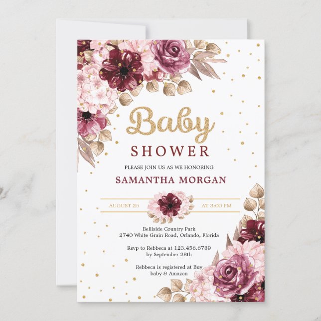Burgundy pink floral corners gold girl baby shower invitation (Front)