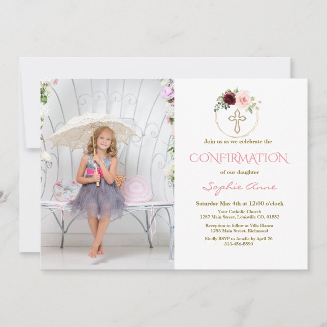 Burgundy Pink Floral Cross Girl Photo Confirmation Invitation (Front)