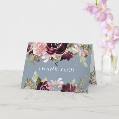 Burgundy Pink Floral Elegant Dusty Blue Thank You Card