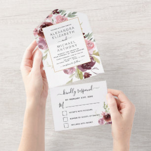 Burgundy Pink Floral Elegant Modern Wedding All In One Invitation