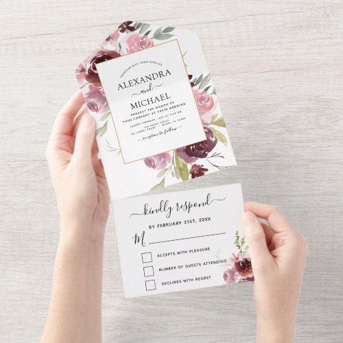 Burgundy Pink Floral Elegant Modern Wedding RSVP All In One Invitation