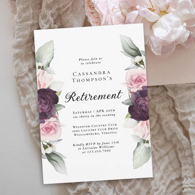 Burgundy Pink Floral Elegant Retirement Party Invitation | Zazzle