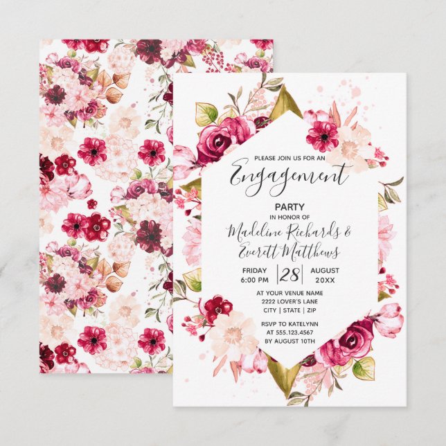 Burgundy & Pink Floral Engagement Party Invitation (Front/Back)