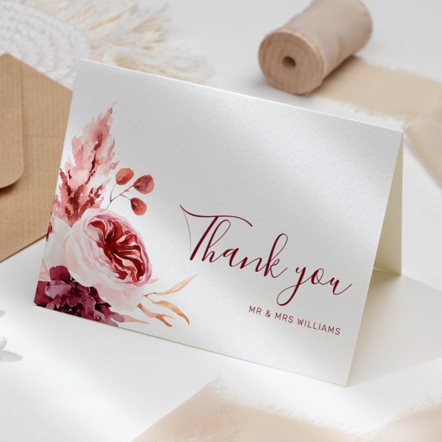Burgundy & Pink Floral Fall Wedding Thank You Card (Creator Uploaded)