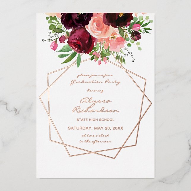 Burgundy & Pink Floral & Frame Graduation Party FL Foil Invitation (Front)