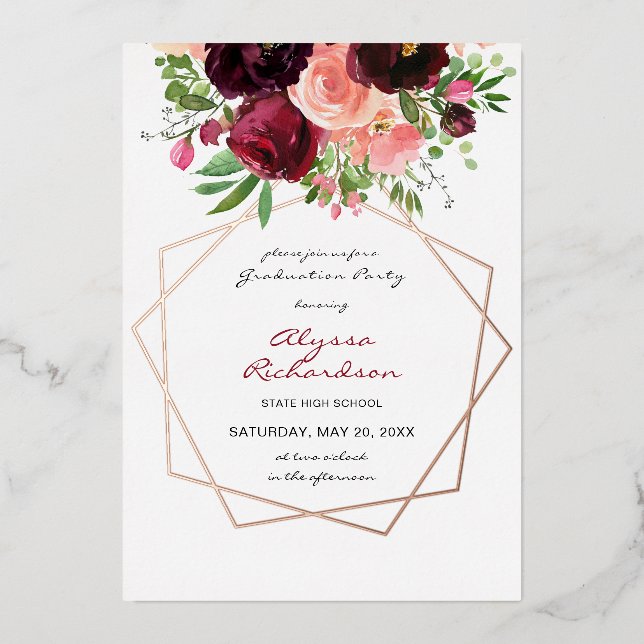 Burgundy & Pink Floral & Frame Graduation Party Foil Invitation (Front)