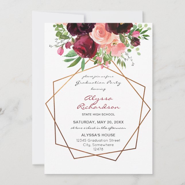 Burgundy & Pink Floral & Frame Graduation Party v2 Invitation (Front)