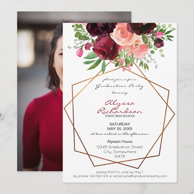 Burgundy & Pink Floral Frame Photo Graduation Invitation (Front/Back)