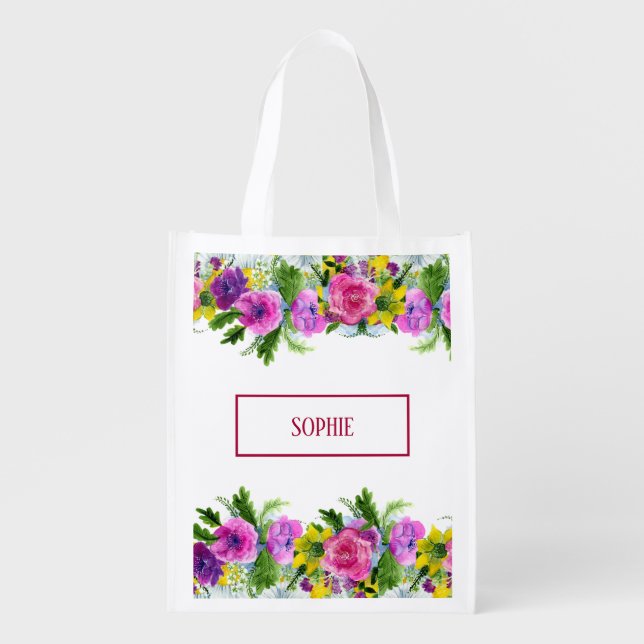 Burgundy Pink Floral Garland Rescheduled Wedding Grocery Bag (Front)