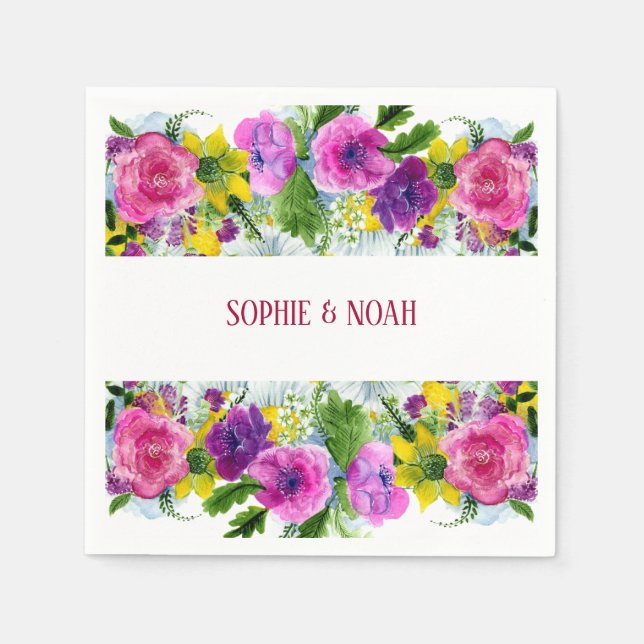 Burgundy Pink Floral Garland Rescheduled Wedding Napkins (Front)