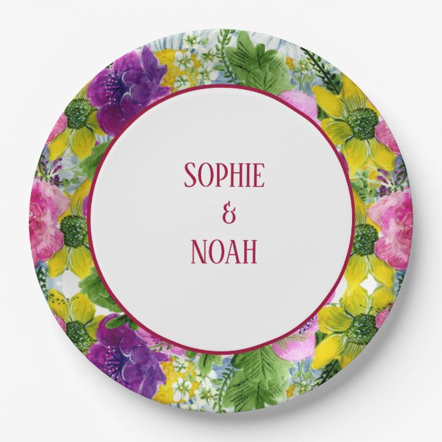 Burgundy Pink Floral Garland Rescheduled Wedding Paper Plates (Front)