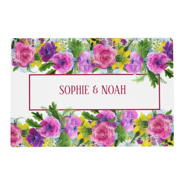 Burgundy Pink Floral Garland Rescheduled Wedding Placemat (Front)