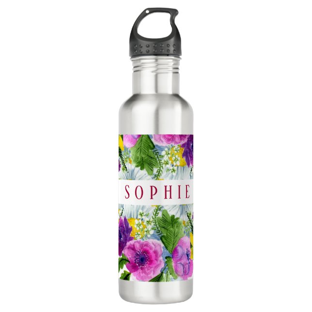 Burgundy Pink Floral Garland Wedding Stainless Steel Water Bottle (Front)