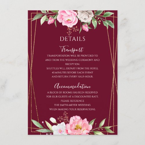 Burgundy Pink Floral Geometric Wedding Details Enclosure Card
