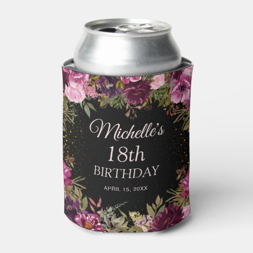Burgundy Pink Floral Glitter Black 18th Birthday  Can Cooler