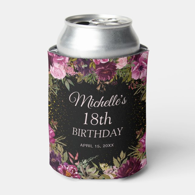 Burgundy Pink Floral Glitter Black 18th Birthday  Can Cooler (Can Front)