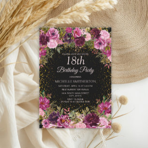 Burgundy Pink Floral Glitter Black 18th Birthday Invitation