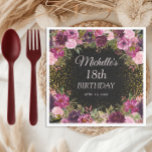 Burgundy Pink Floral Glitter Black 18th Birthday Napkins<br><div class="desc">Elegant and romantic pink, burgundy, and purple watercolor vintage floral and foliage on black custom 18th birthday party paper napkins with gold glitter. Personalized with the name of the guest of honor, her age, and her party date. Contact me for assistance with your customizations or to request additional matching or...</div>