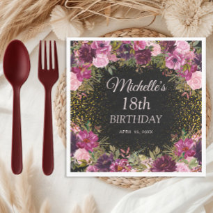 Burgundy Pink Floral Glitter Black 18th Birthday Napkins