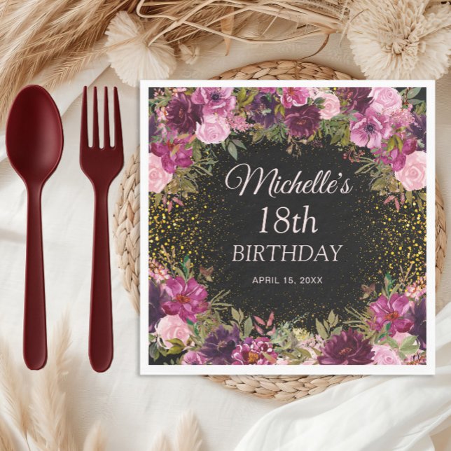 Burgundy Pink Floral Glitter Black 18th Birthday Napkins (Pink and burgundy watercolor floral on black custom birthday party paper napkins)