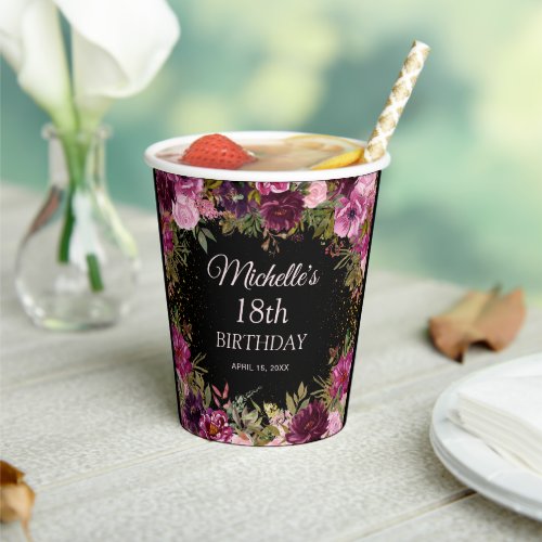 Burgundy Pink Floral Glitter Black 18th Birthday  Paper Cups