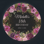 Burgundy Pink Floral Glitter Black 18th Birthday  Paper Plates<br><div class="desc">Elegant and romantic pink, burgundy, and purple watercolor vintage floral and foliage on black custom 18th birthday party paper plates with gold glitter. Personalized with the name of the guest of honor, her age, and her party date. Contact me for assistance with your customizations or to request additional matching or...</div>