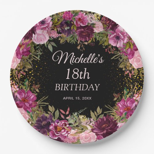 Burgundy Pink Floral Glitter Black 18th Birthday  Paper Plates