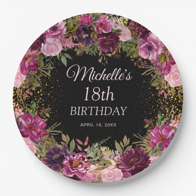 Burgundy Pink Floral Glitter Black 18th Birthday  Paper Plates (Front)