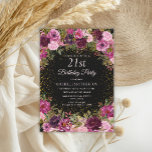 Burgundy Pink Floral Glitter Black 21st Birthday Invitation<br><div class="desc">Elegant and romantic pink,  burgundy,  and purple watercolor vintage floral and foliage on black custom 21st birthday party invitation with gold glitter.  Personalized with the name of the guest of honor.</div>