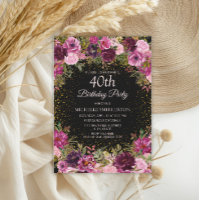 Burgundy Pink Floral Glitter Black 40th Birthday