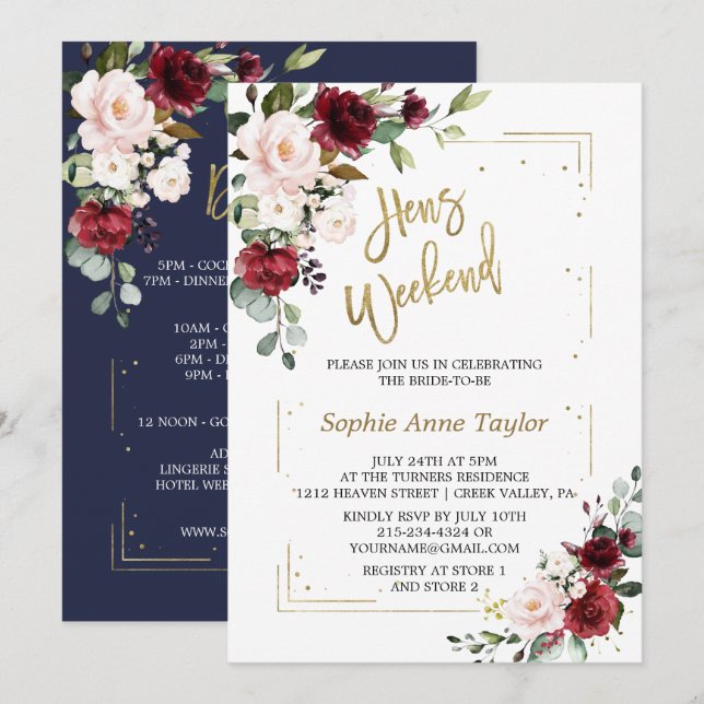 Burgundy Pink Floral Gold Bachelorette Weekend Invitation (Front/Back)