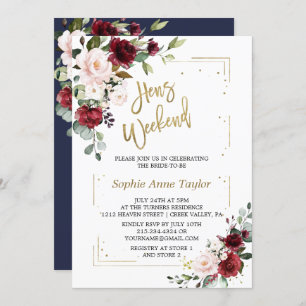 Burgundy Pink Floral Gold Bachelorette Weekend Invitation