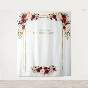 Burgundy Pink Floral Gold Birthday Photo Booth Tapestry
