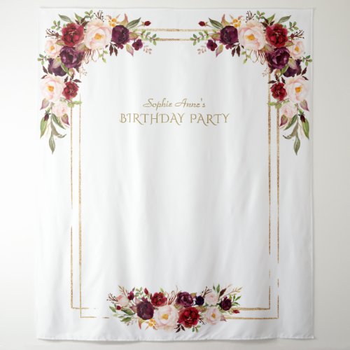 Burgundy Pink Floral Gold Birthday Photo Booth Tapestry