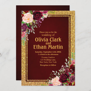 Burgundy Pink Floral Gold Frame Invitation